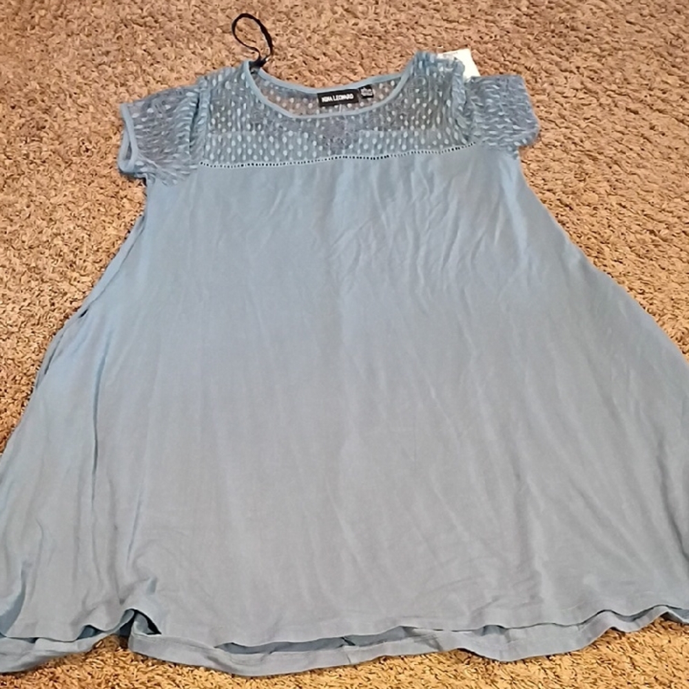 Nina Leonard Lt Blue Knit Tunic  Mesh Top Sx L